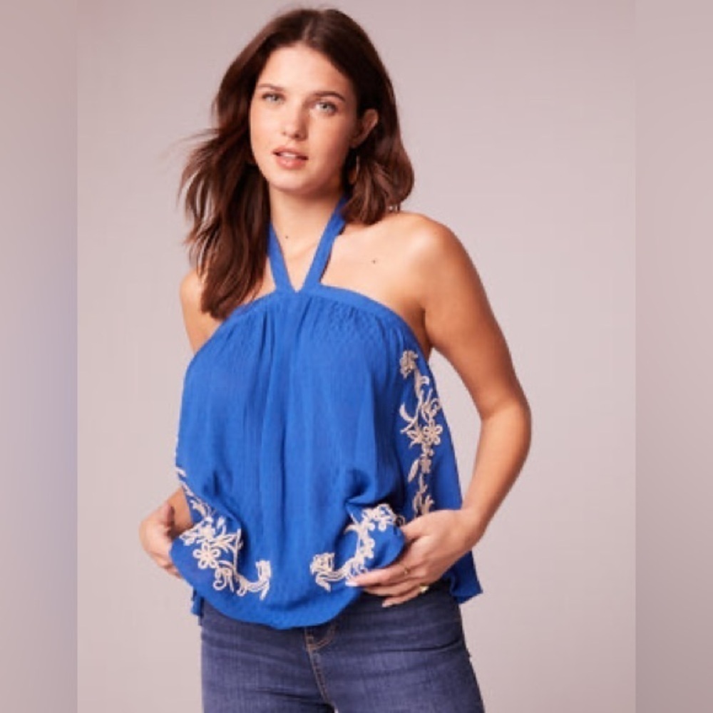 NWT Band of the Free Blue Embroidered Halter Top - Size L